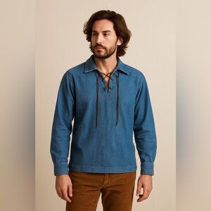 Vintage 70’s Men’s Denim Jean Pullover Top Size 16 (S)  Blue Western Hippie